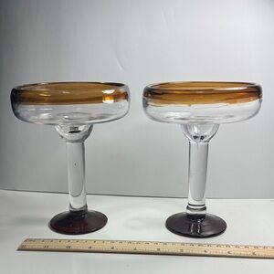 Two Mexican hand Blown margarita glasses dark amber rim and foot